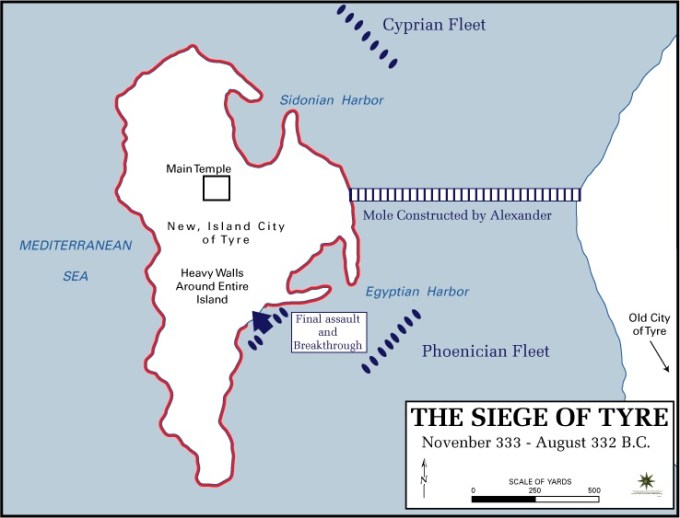 The siege of Tyre by Alexander the Great.