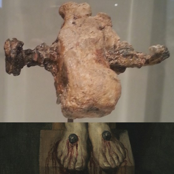 Nail through a heel bone contrasted with the usual depiction of a crucified victim's feet.